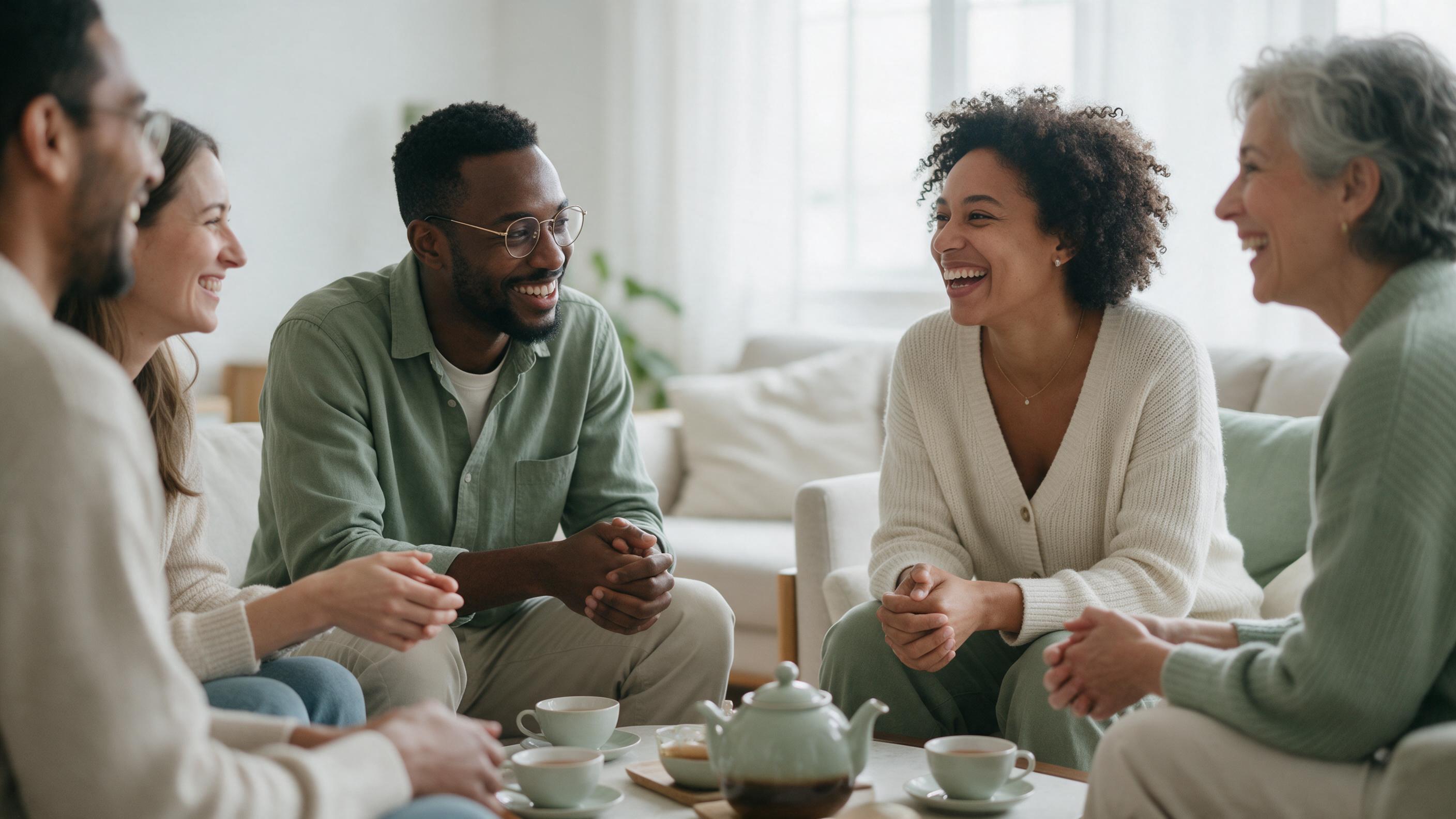 A small, diverse group of adults talking and laughing warmly over tea.