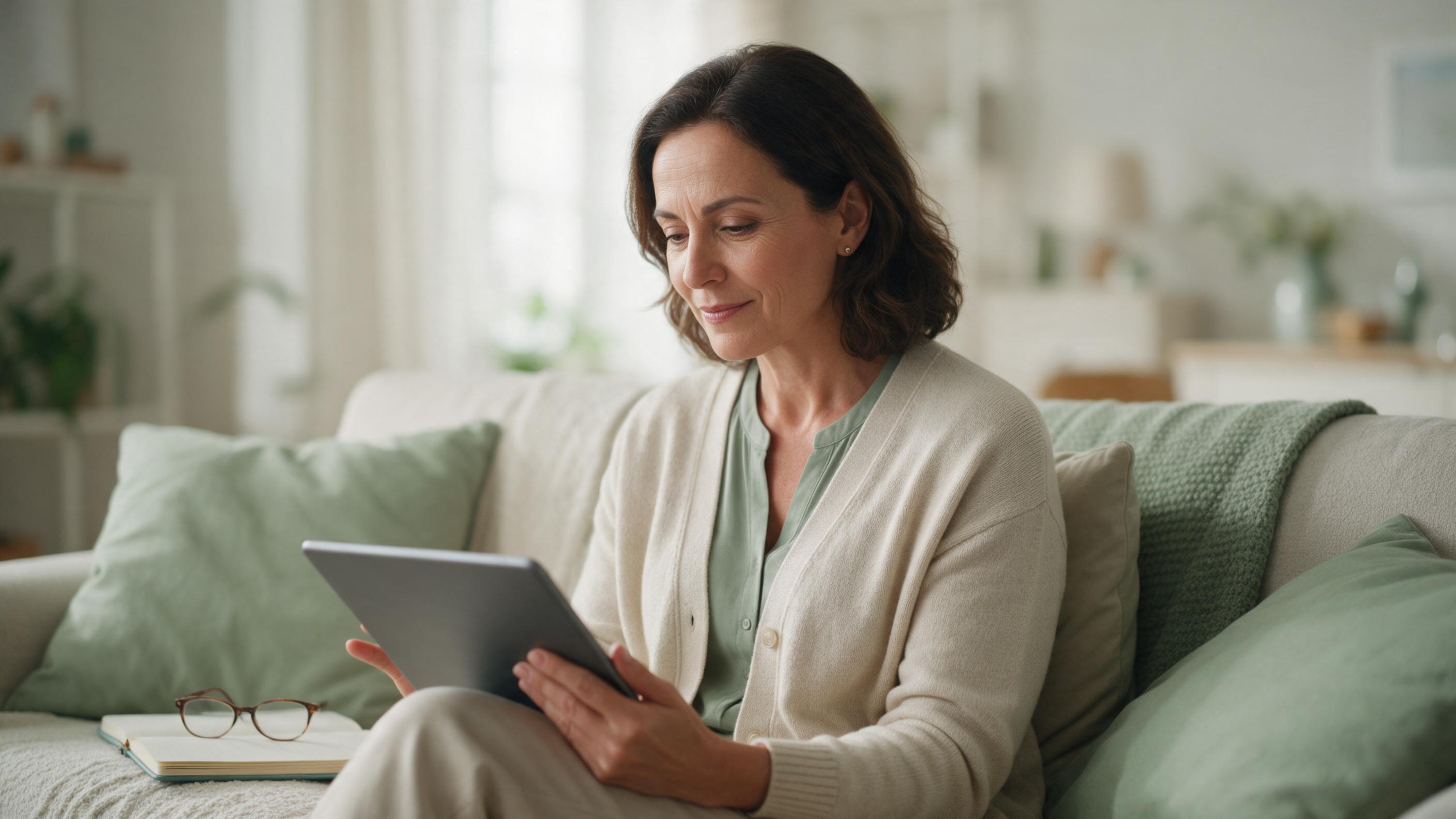 A woman calmly reviewing her health results on a tablet at home.