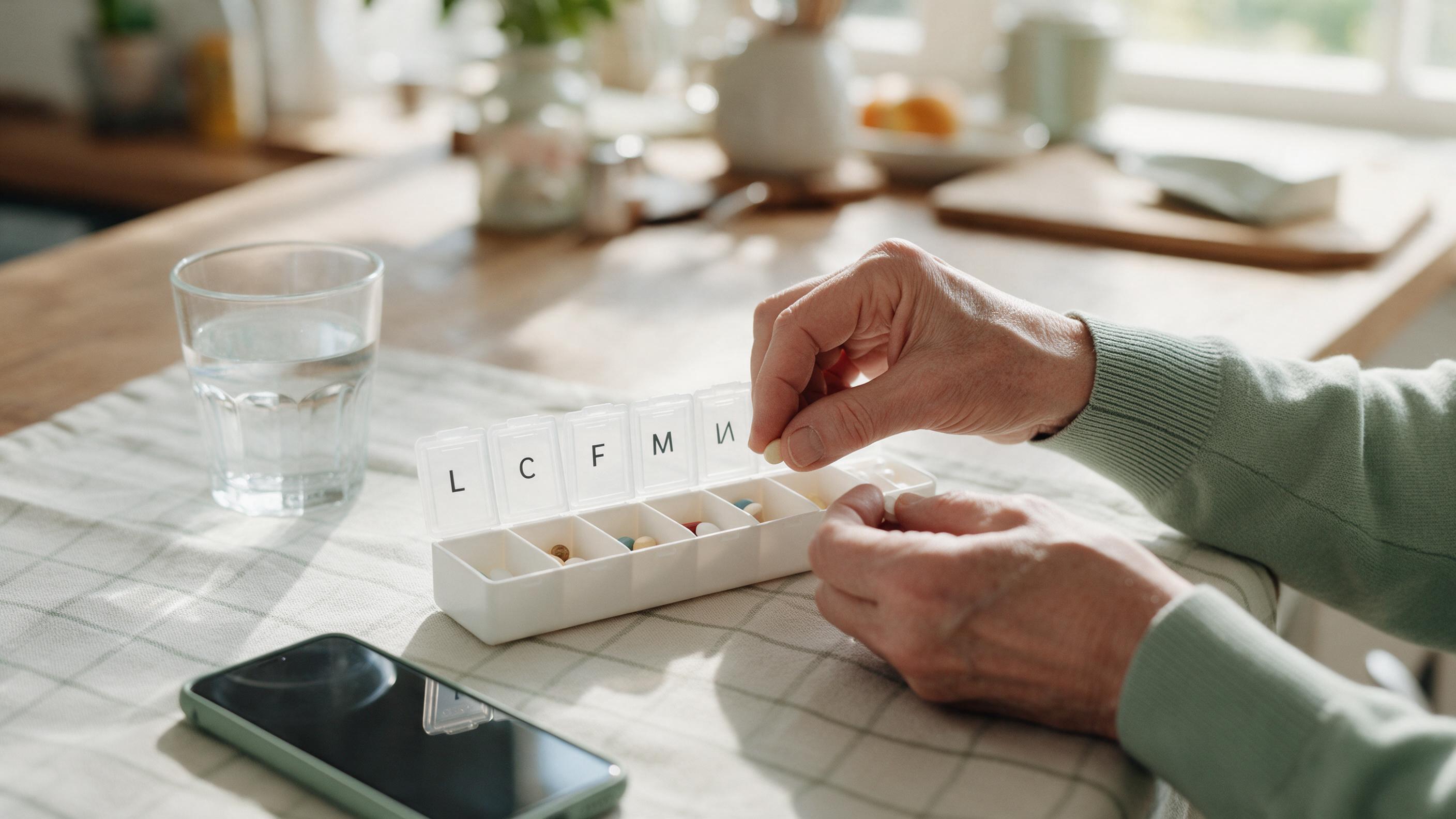 A person calmly organizing their weekly medications at a sunlit table.