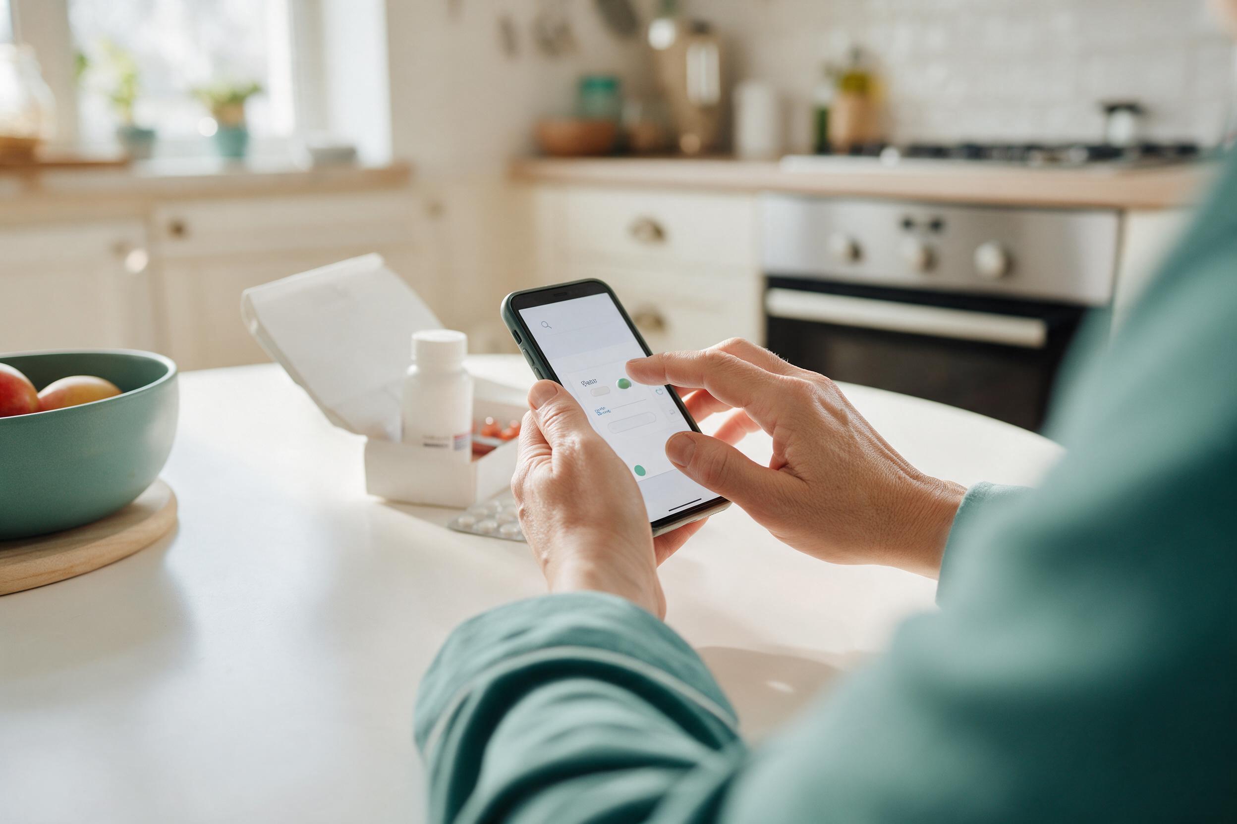 A person adding their medication on a phone at a sunlit kitchen table.