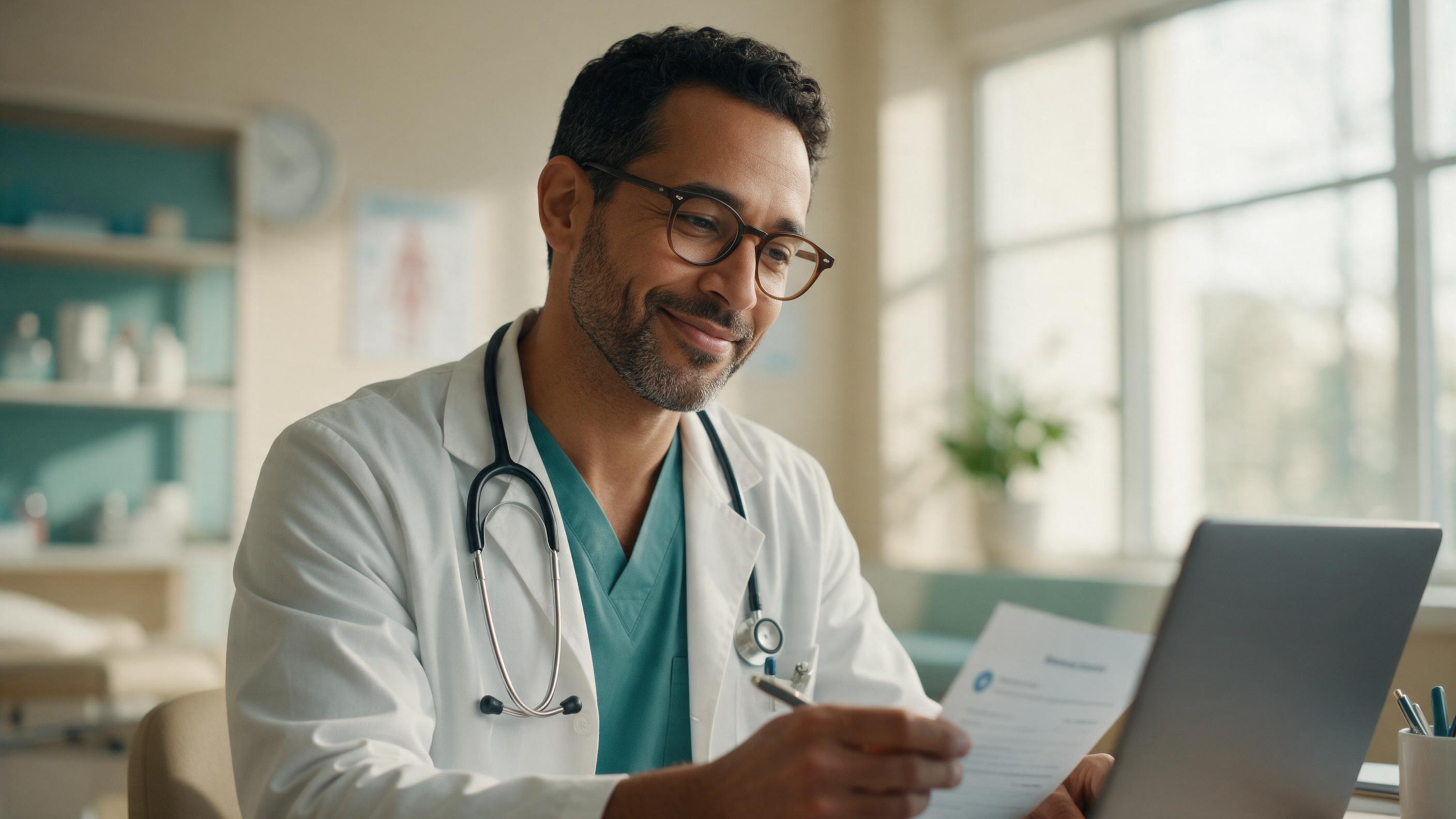 A licensed clinician reviewing a refill request on screen.